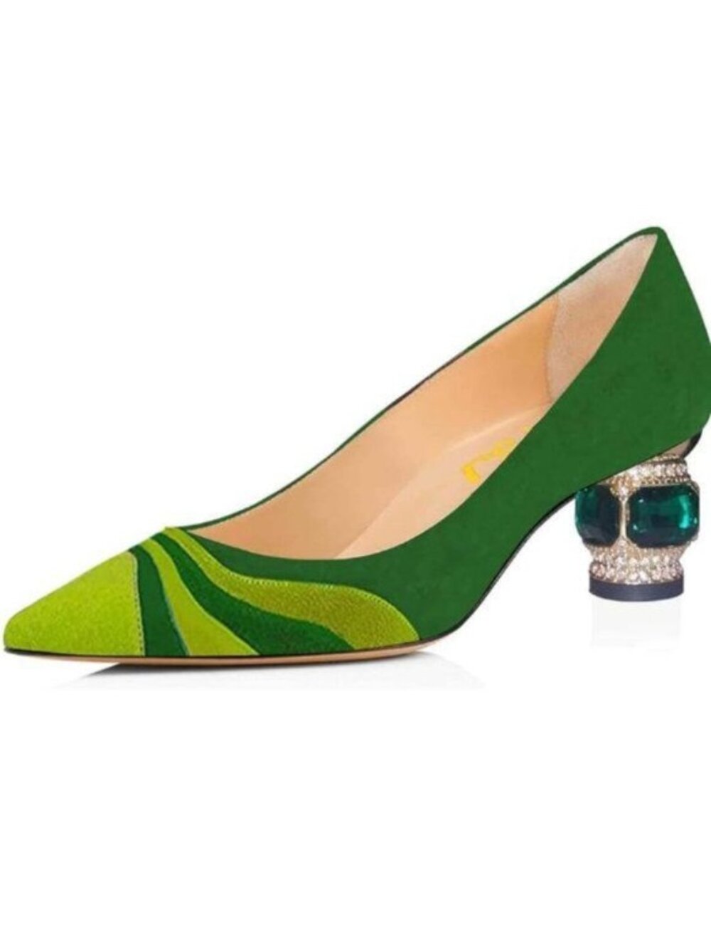 FSJ Women Bridal Pointed Toe Chunky Block Low Heel Crystal Pumps Green Yellow